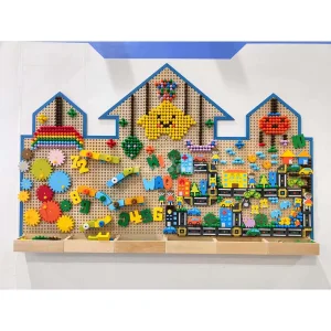 High Quality Kids STEM Educational Indoor Playground Sensory Toys Activity Birch Wood Wall Game with EVA Building Blocks Set