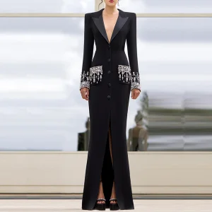Elegant Black Slim Fit Blazer Maxi Party Dress Women Long Sleeve Beaded Crystal Embellished Formal Evening Party Gown