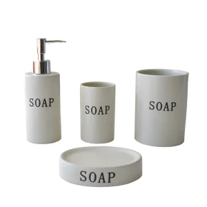 China Minimalist Beige Stoneware Bathroom Accessory Set with "SOAP" Text Factory, Products