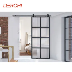 Modern Interior Design Narrow Frame Frosted Tempered Glass Inserted Aluminum Sliding Barn Doors
