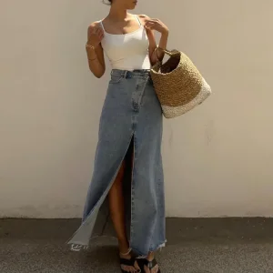 Custom Vintage Vacation Elegant Natural Waist Maxi Jeans Skirt