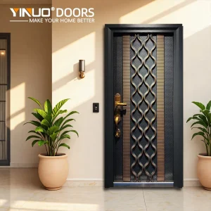 Luxury Entry Door Modern Wrought Iron Construction with Handcrafted Copper Patina
