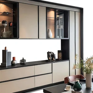 Wision Custom Luxury Modern Wooden Glass Sideboard Cabinet Storage Multifunction Features Panel Design Dining Room Furniture