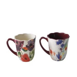 Custom Watercolor Style Color Block Floral Ceramic Mug Set with Petal Edge Suppliers, Companies