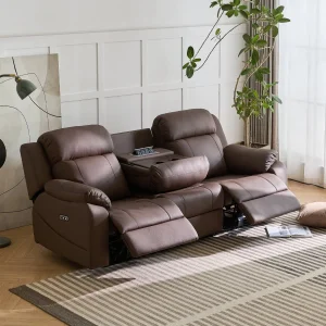 Sofá reclinável elétrico contemporâneo de couro luxuoso para três lugares, mobiliário da casa elegante
