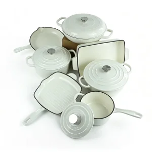 In Stock 7 Pieces White Enamel Cast Iron Cookware Set, Non Stick Pot Pan Combo, Heat Resistant &amp; Oven Safe For Home Kitchen