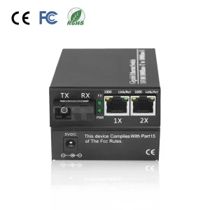OEM 20km 1Fiber 2RJ45 Adaptive Gigabit Fiber Optic Media Converter 10/100/1000Mbps SC DC5V for CCTV FTTH