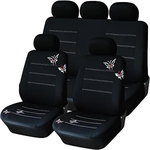 AUTOYOUTH Full Set Car Seat Covers Butterfly Embroidery, Split Rear Bench, Polyester Cloth Universal Fit Car Accessories