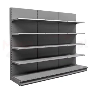 Modern Top-Header Tegometall Compatible Gondola Shelving for Branded Signage Display