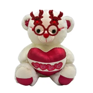 Osito de peluche beige personalizado con almohada en forma de corazón y gafas