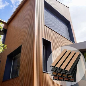 Wide 4-Strip Teak with Black Gap Composite Siding Panels