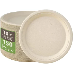 Bagasse Natural Biodegradable Eco-Friendly Sugarcane Paper Plates 10 Inch 100% Compostable Heavy-Duty Disposable Paper Plates
