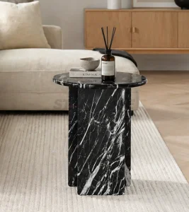Modern Luxury Marble Side Table Round Sofa Corner End Table Black Stone Accent Table for Living Room Home Furniture Decor