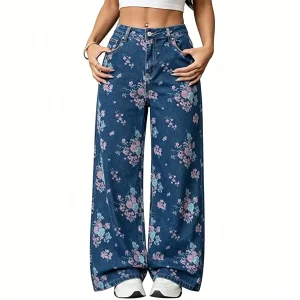Calças de Jeans de Cintura Alta com Estampa Floral