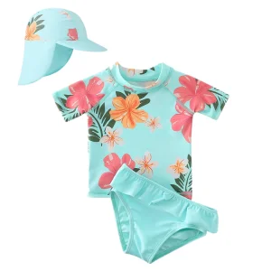 Conjunto de dos piezas de verano para niñas pequeñas con Upf50+ sombrero de sol de manga corta