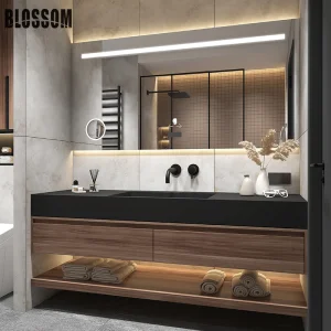 Modern Freestanding Vanity with Wooden Sintered Stone Sink Cabinet and Mirror