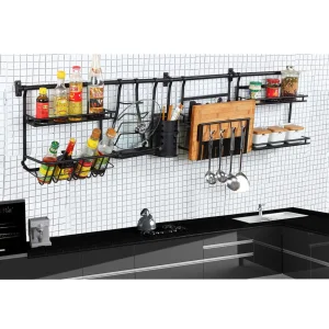 Kitchen Stainless Steel Wall-Mounted Dish Pot Cover Storage Rack Black Seasoning Storage Rack Black Kitchen Pendant Combination