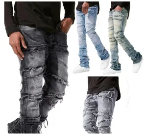 Calças de rua de algodão puro para homens, jeans rasgados de perna reta, lavados