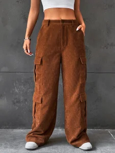 Women Plus Size Canvas Mid Rise Washed Cargo Pants Casual Regular Fit Multi Pocket Straight Breathable Waterproof Eco-Friendly