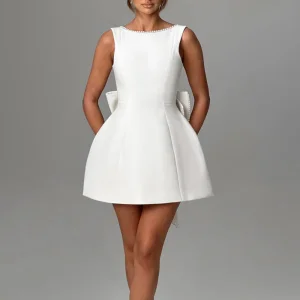 Elegant White Solid Mini Dress Sleeveless Lace Embellished Neckline Large Bow Back Casual Party A-line Plain Dyed dress