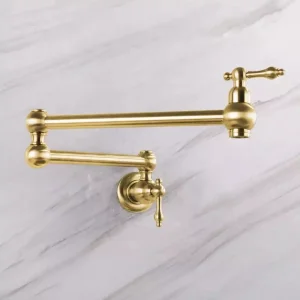 Wall Mount Brushed Gold Brass Folding Pot Filler Dual Handle Kitchen Faucet Stretchable Mixer Tap