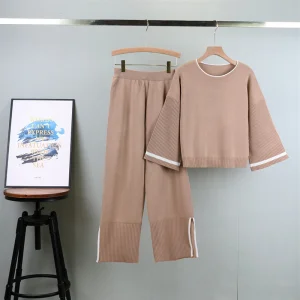 Casual Korean-Style Design Spring Loose-Sleeve Viscose Top &amp; Slit Wide-Leg Pants Anti-Wrinkle Two-Piece Set for Women