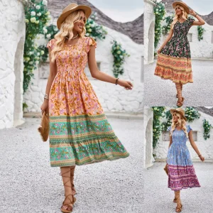 Vestido Casual Primavera Verão Estilo Fresco Estampado Decote em V Manga Voando Estilo Boho
