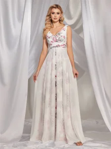 New Chiffon V Neck White Floral Dress