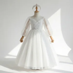 Vintage Style Kid Girls Sleeveless Lace Corset Tulle Midi-Length Solid Ball Gown Wedding Attire with Bow Straps and Silk Lining