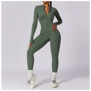 Girls Spring Zippered Second-Skin Feel Long-Sleeved Yoga Jumpsuit High-Intensity Fitness and Workout Bodysuit