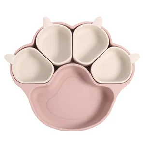 BPA Free Silicone Suction Divided Plate Wholesale, Paw Print Baby Feeding Dinnerware Non-Slip Plate with Compartments