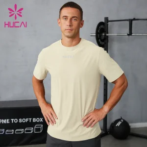 OEM Hucai Custom Nylon Soft Bonded Hem Regular Dry Fit T Shirt Training Workout Running Fitness Athletic Active Gym Wear Men