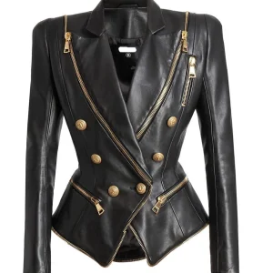 Wholesale Manufactures Genuine Sheep Double Breasted Zipped Leather Made Woman Jacket