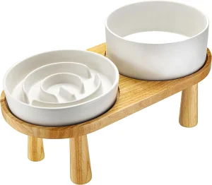 Ceramic Slow Feeder and Water Bowl Set Ceramic Dog Bowls Elevated with Wooden Stand