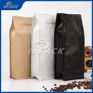 Bolsa plana de fondo con pliegues de acordeón extendidos y soporte para café