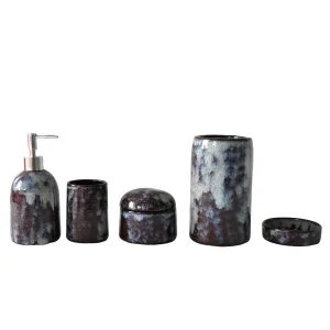 OEM Wabi-Sabi Deep Brown Kiln-Change Splatter Stoneware Bathroom Accessory Set Product, Products