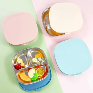 Stainless Steel Divided Plates with Silicone Lid for Babies Feeding Strong Suction Dinner Snack Plates Dishwasher Safe Plato