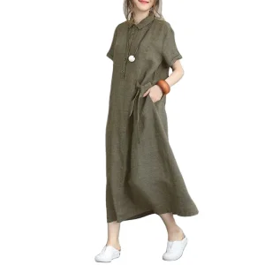 2023 Vestido Casual de Verão para Mulheres com Gola, Laço, Manga Curta, Camiseta de Algodão e Linho em Corte A