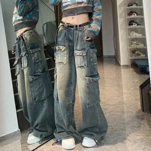 Calças femininas largas de cintura baixa para carga oversized, personalizadas, com múltiplos bolsos, jeans baggy de streetwear