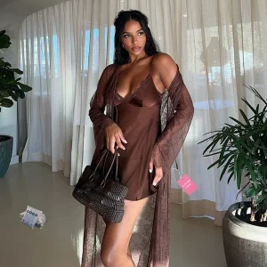 Wholesale 2026 Women Sexy Satin Nightgown with Lace Trim and Sheer Long Robe 2 Piece Sleepwear Set Elegant Lingerie Loungewear
