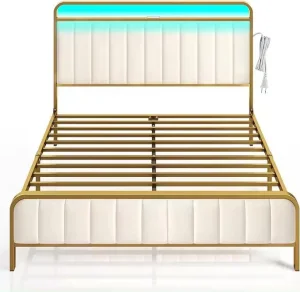 Estructura de cama tamaño completo con estación de carga y luz LED, cama de terciopelo tapizada con cabecero y pie de cama, listones de metal de alta resistencia