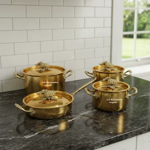 Hand-Hammered Gold Stainless Steel Eco-Friendly Pot Pan Set Heavy Duty Decorative Cookware Casserole Saucepan Ornate Europe