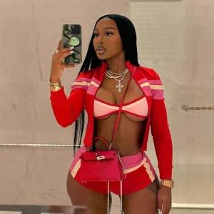 Women's Summer Streetwear 3-Piece Set Breathable Sports Bra Jacket Shorts-Contrast Color Loungewear