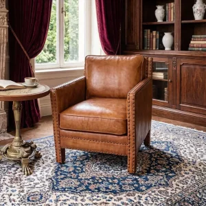 Top Grain Leather Armchair with Wooden Frame