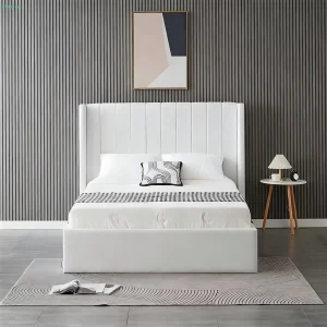 Cama plataforma de cuero sintético color carbón con almacenamiento integrado y diseño versátil