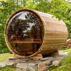 Luxury Red Cedar 4-6 Person Panoramic Glass Barrel Sauna Outdoor Traditional Steam Wooden Sauna House For Garden