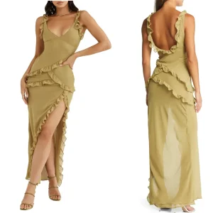Fábrica China OEM Ropa Elegante para Damas de Nuevo Diseño de Alta Calidad, Venta Caliente, Vestido de Cóctel Cuerpo Ceñido de Georgette con Volantes para Mujeres, Vestido de Noche