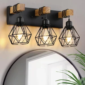 Farmhouse Vanity Light for Bathroom, 3-Light Wood Bathroom Vanity Light Fixtures Over Mirror, Rustic Sconces Wall Lighting with Metal Lampshade for Living Room