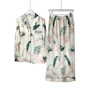 Custom Printed Pyjamas Women Sleepwear Satin Silk Lingerie Two-pieces Pure Silk Sleepwear