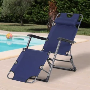 Modern Iron Folding Chaise Lounge Chair Garden Chair Adjustable Backrest Ergonomic Outdoor Pool Beach Patio Lawn Deck Navy